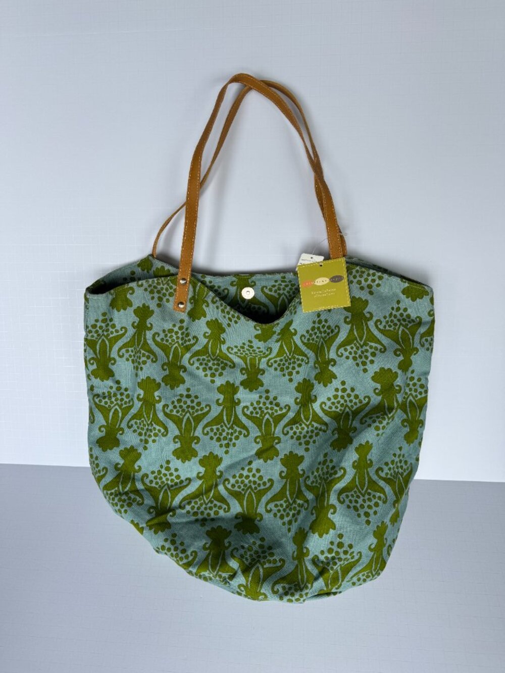 NWT Cotton Canvas Market Tote Bag - Avocado Green Damask / Floral